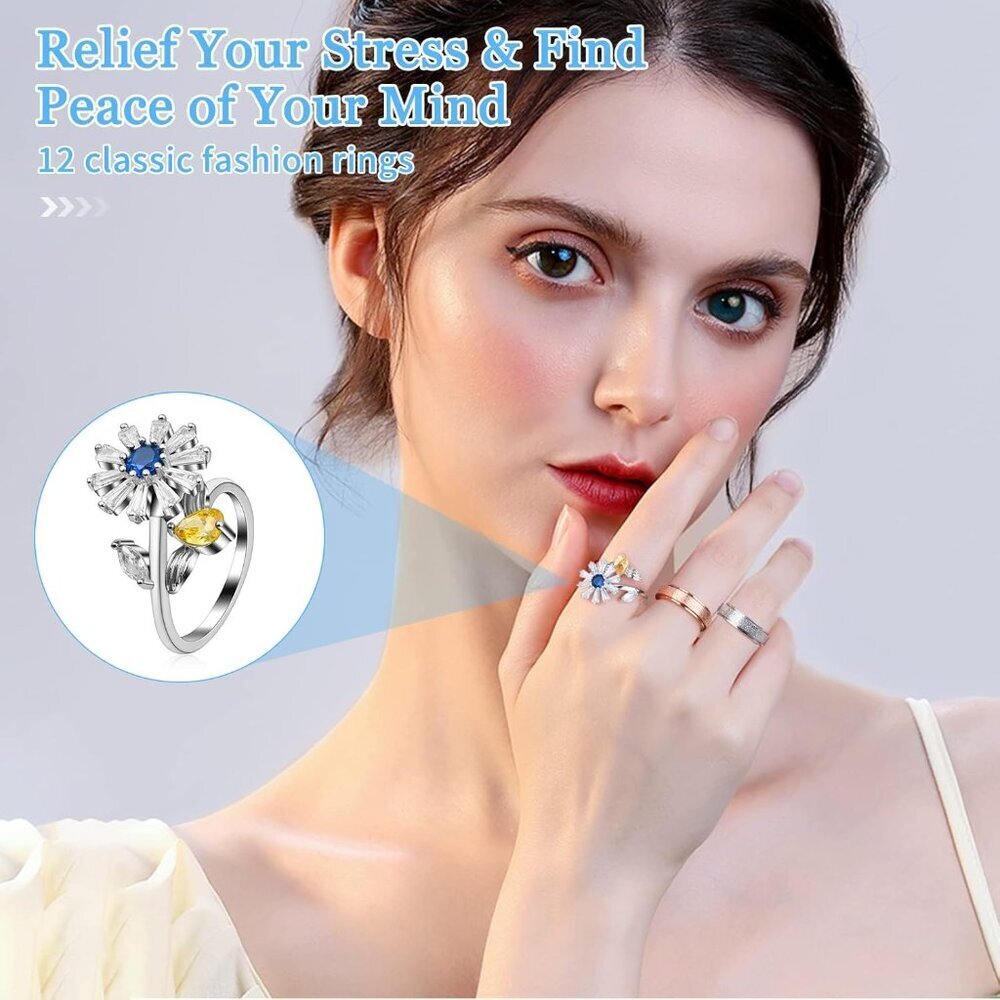 12Pcs Anxiety Fidget Rings for Women, Stainless Steel Spinner Rings Moon and Sta - Picture 2 of 7
